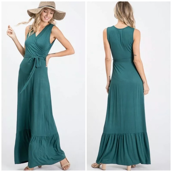 SOLD OUT CLEARANCE Hunter Green Wrap Belted Sleeveless Maxi Dress - Picture 2 of 2